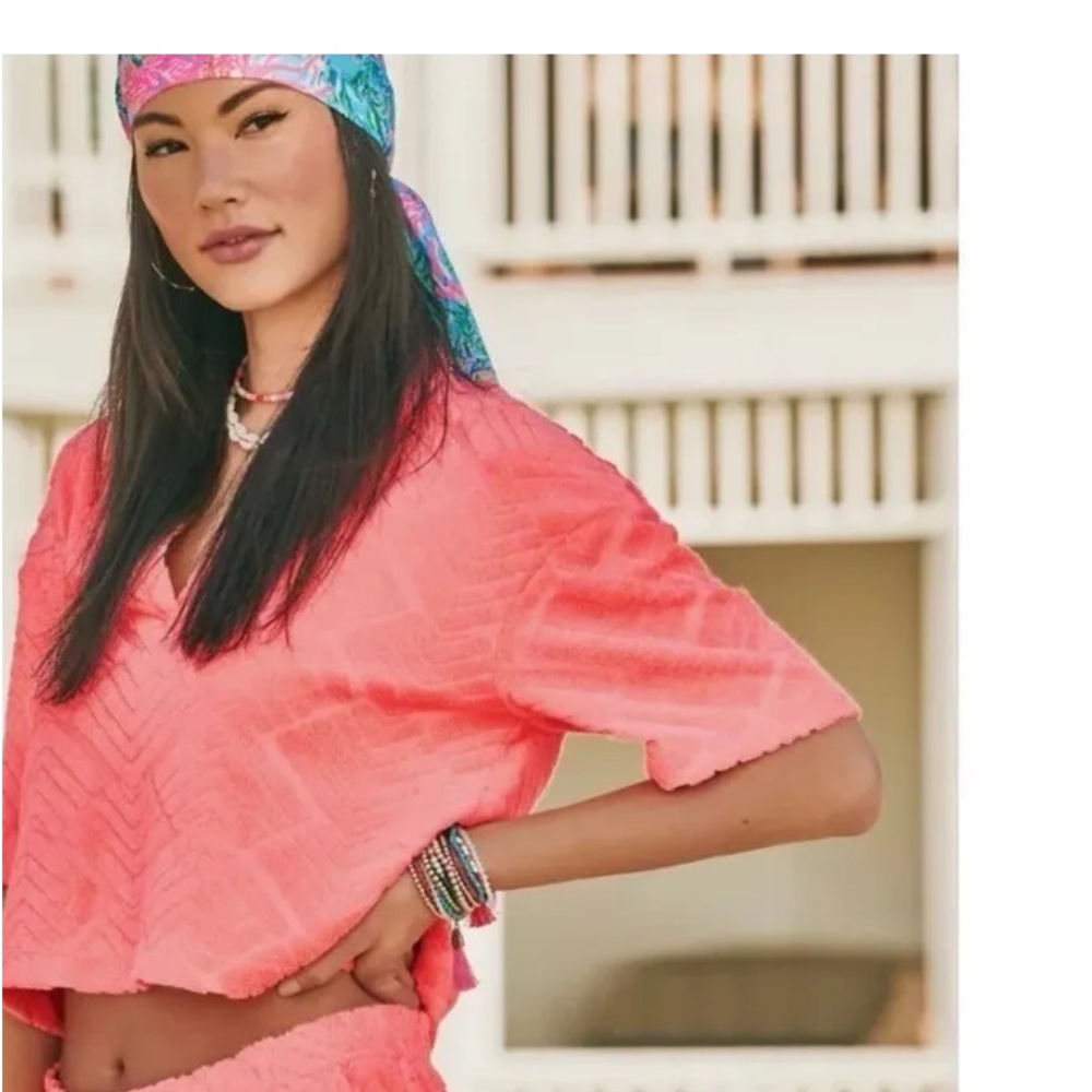 Lilly Pulitzer MEDIUM Bellview Top Sunrise Coral Lilly Zig Zag NWT 98$